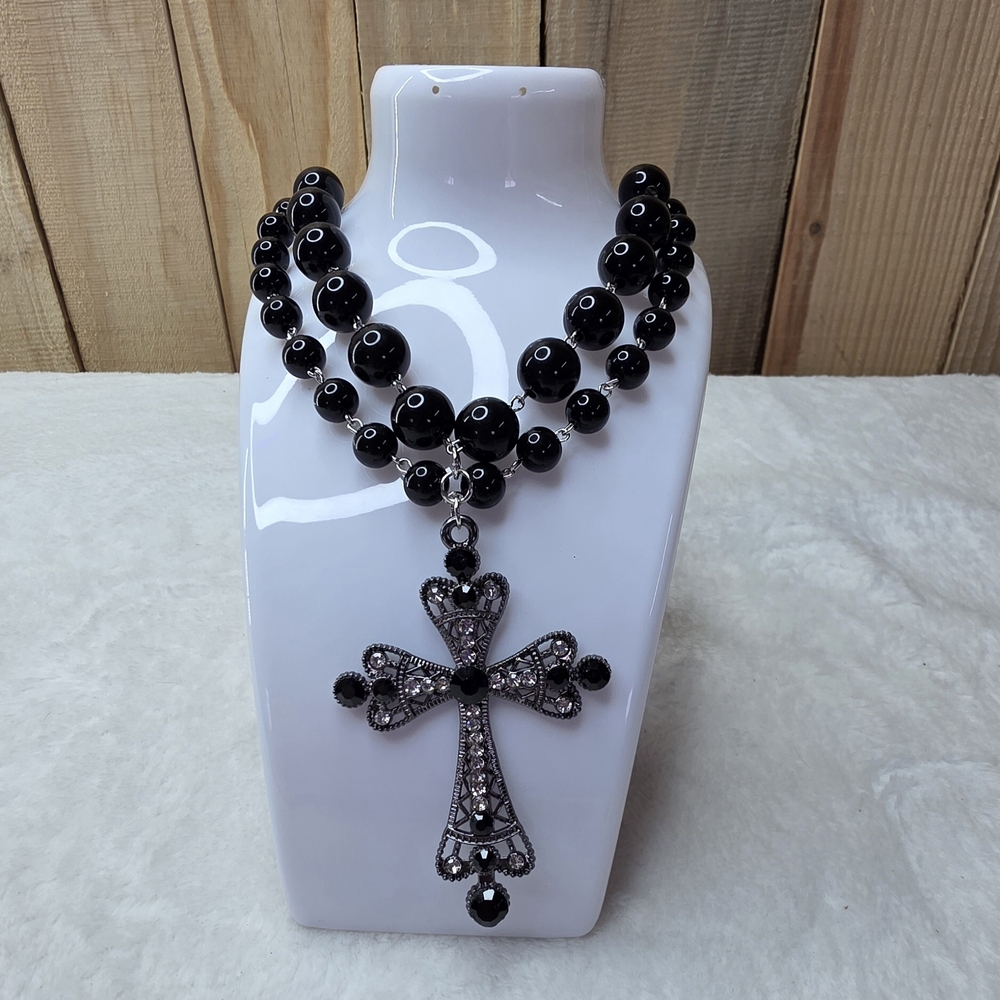 Black Beaded Necklace with Cross Pendant - Picture 1 of 6